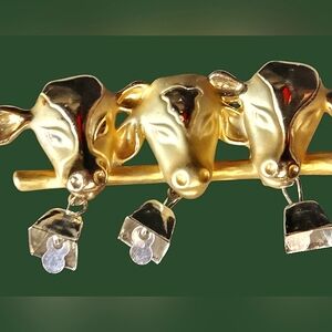 Whimsical Cows And Bells Gold w/ Silver Tones, Vintage Brooch, Signed AJC, NWOT